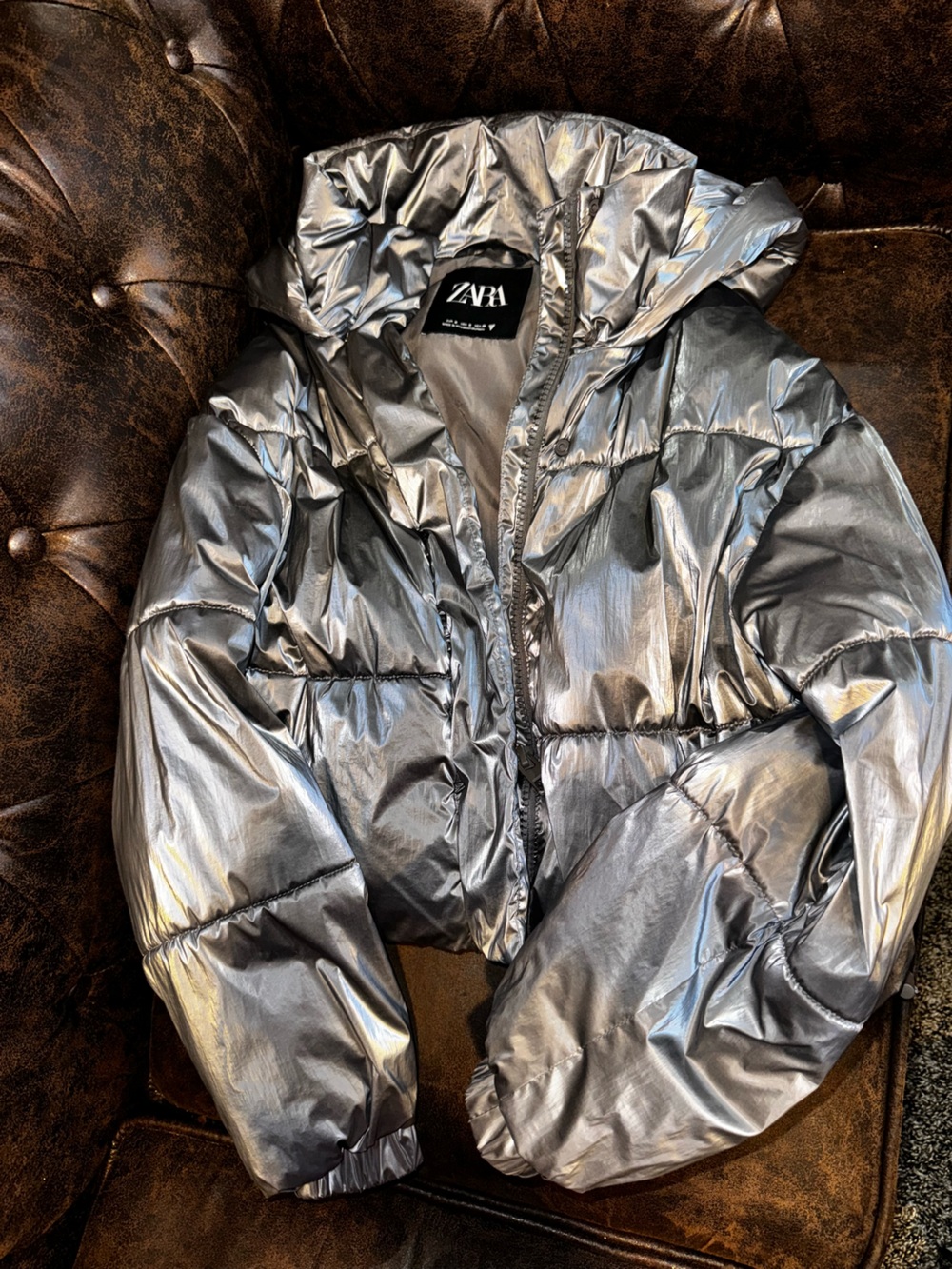 Zara Metallic Silver Puffer Jacket with Hood